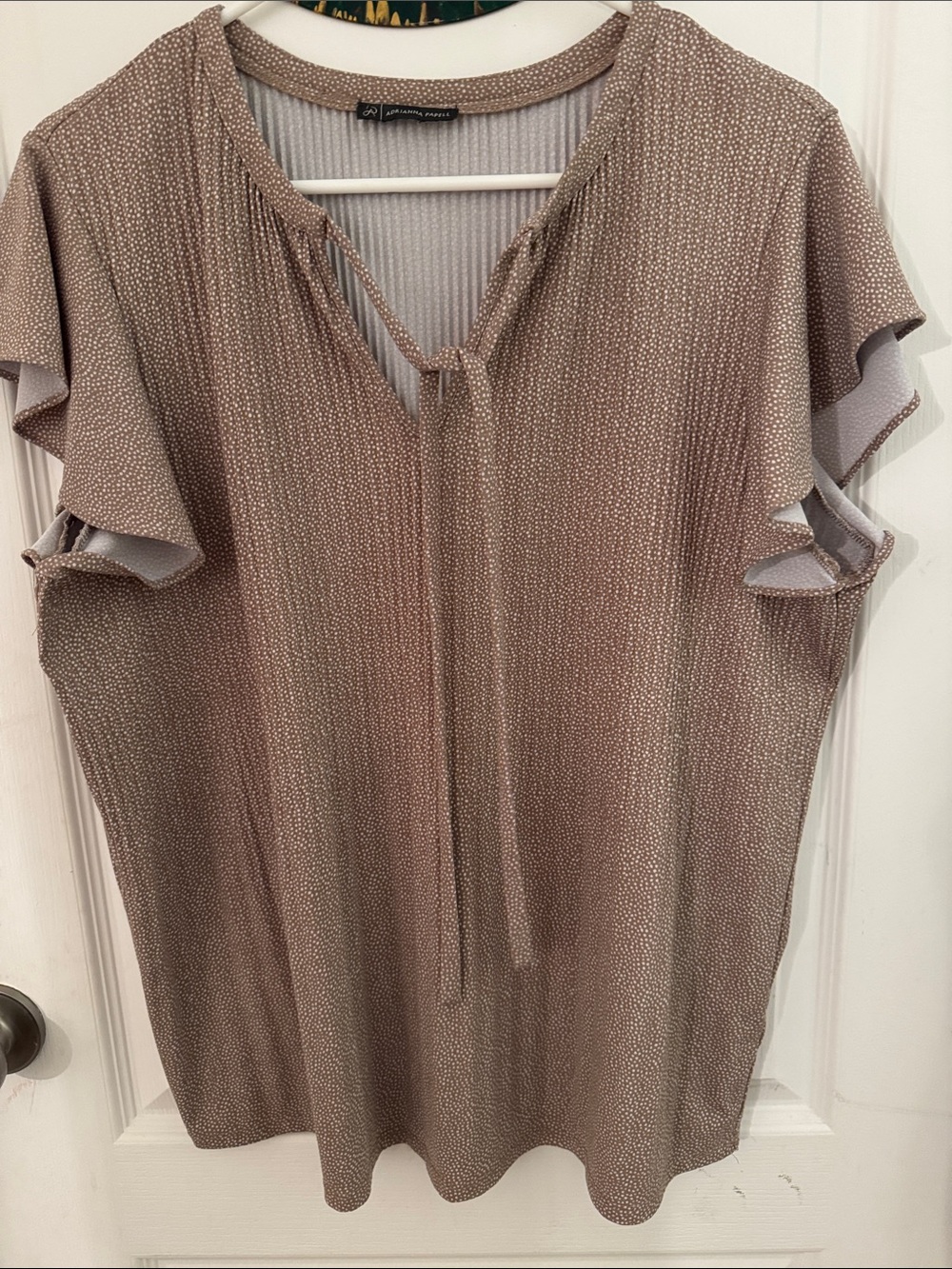 Soft Surroundings Mauve Taupe Dot Tie-Neck Flutter Sleeve Blouse